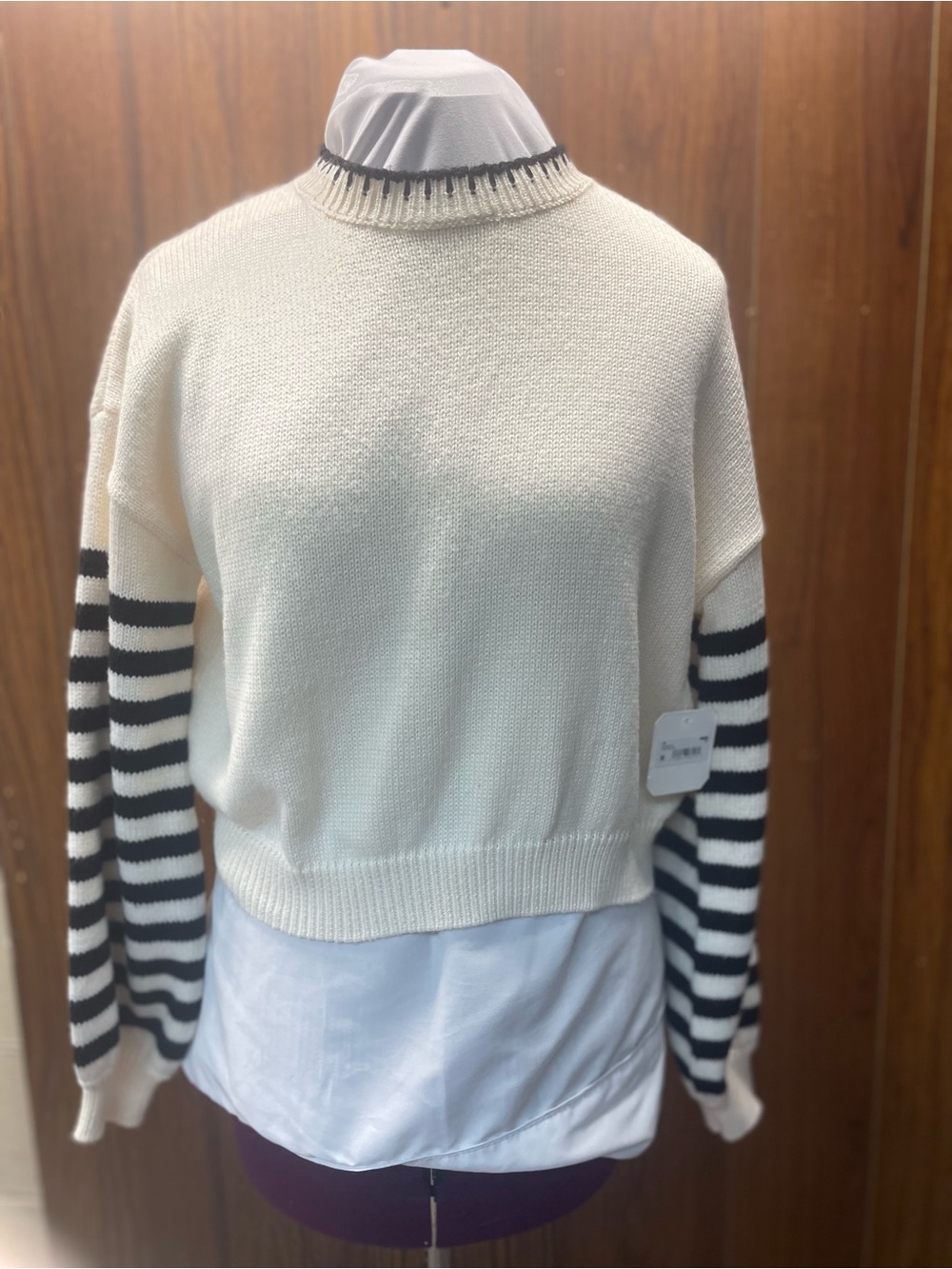 Altar'd State Cream Crew Sweater with Black Striped Sleeves new with tags